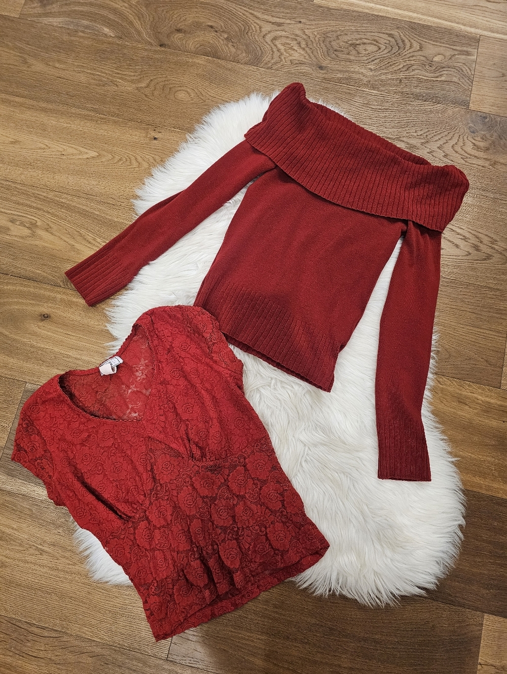 Vintage Red Off-Shoulder Knit Sweater & Lace Top Combo Women's